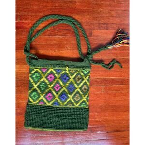 Vintage 70s Unique Green Pink Woven Texture Wool Purse Shoulder Bag Boho Hippie